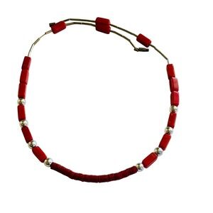 VTG Heishi necklace Native American Red Coral Natural sterling silver Choker 17"